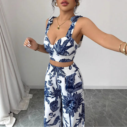 Ensemble à bretelles et col en V, pantalon ample