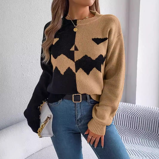 Pull contrastée motif citrouille fantôme