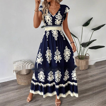 Robe trapèze ample à col en V et imprimé