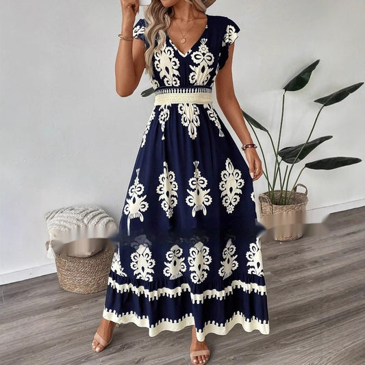 Robe trapèze ample à col en V et imprimé