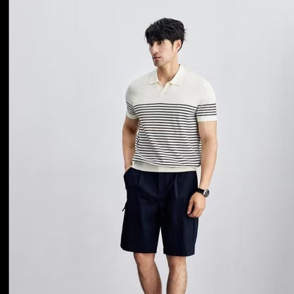 Pull en soie glacée grande taille rayé à manches courtes assorti