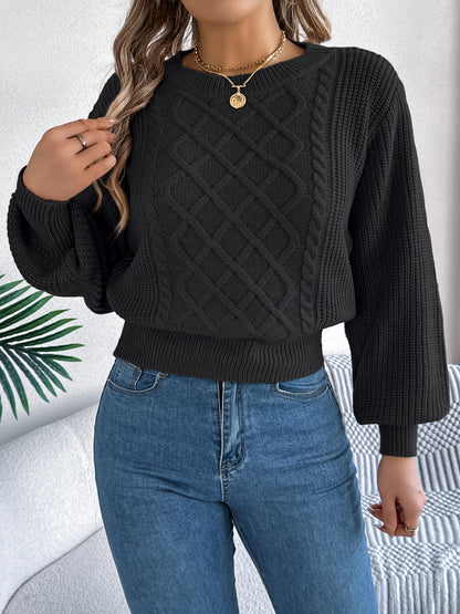 Pull à manches lanternes en maille torsadée unie, taille cintrée