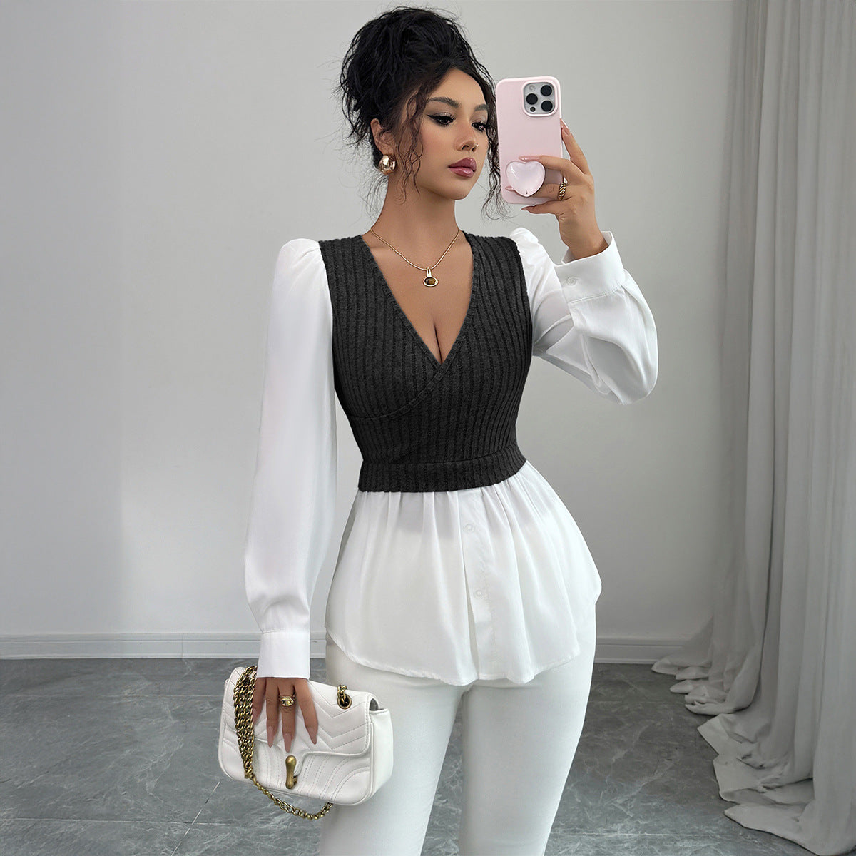 Chemise élégante à manches longues et coutures apparentes