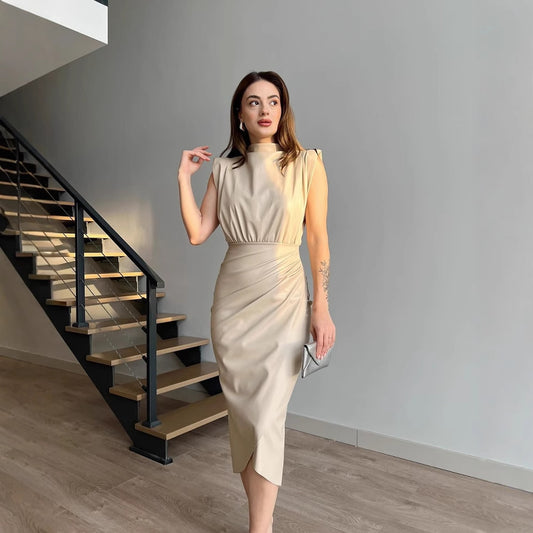 Robe moulante plissée taille haute, couleur unie