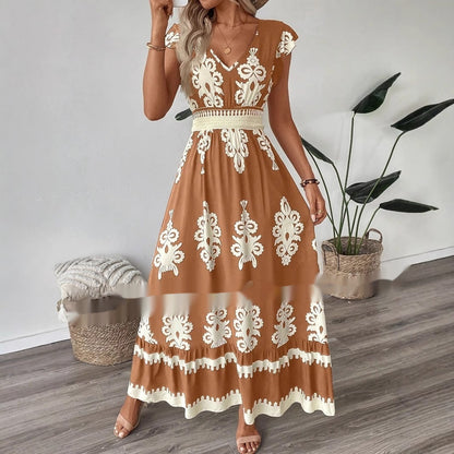 Robe trapèze ample à col en V et imprimé