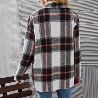 Veste ample à carreaux pour femme à manches longues et épaules tombantes, à revers, décontracté