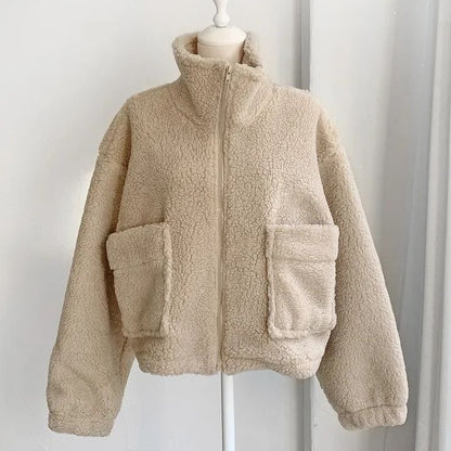 Manteau chaud épais et assorti à col roulé rétro avec fermeture éclair et grandes poches